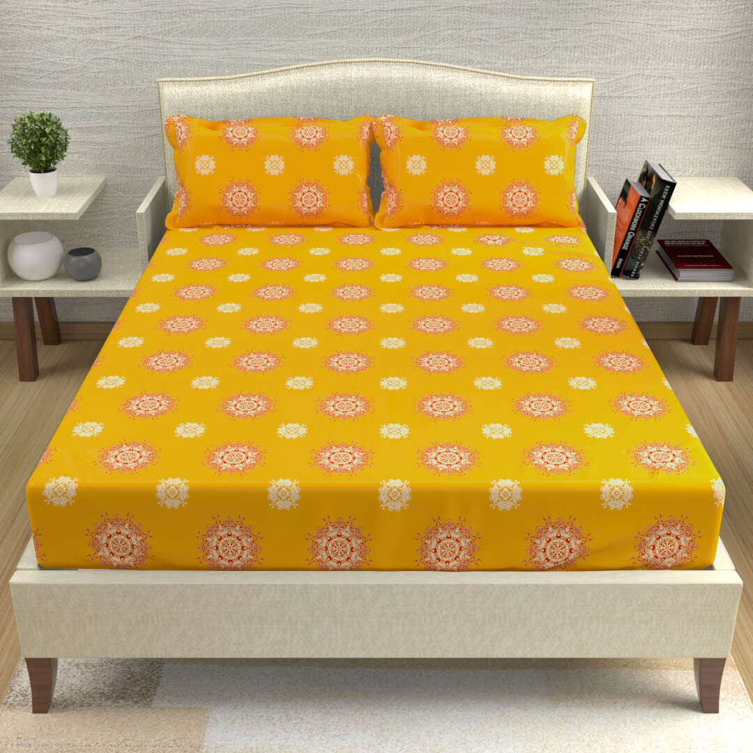 buy chrome yellow mandala cotton double bed bedsheets online – front view